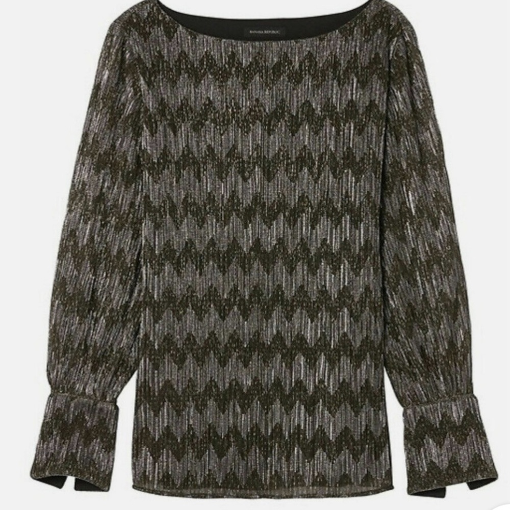 Banana Republic long sleeve boatneck chevron shine Black silver gold Blouse top